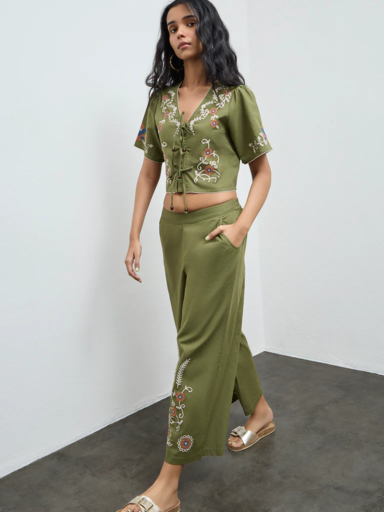 Bombay Paisley Green Floral Embroidered Cotton-Blend Top - Image 2