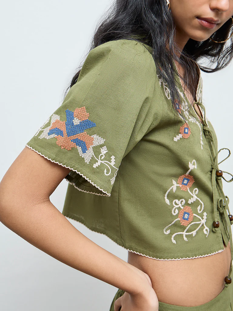 Bombay Paisley Green Floral Embroidered Cotton-Blend Top - Image 3