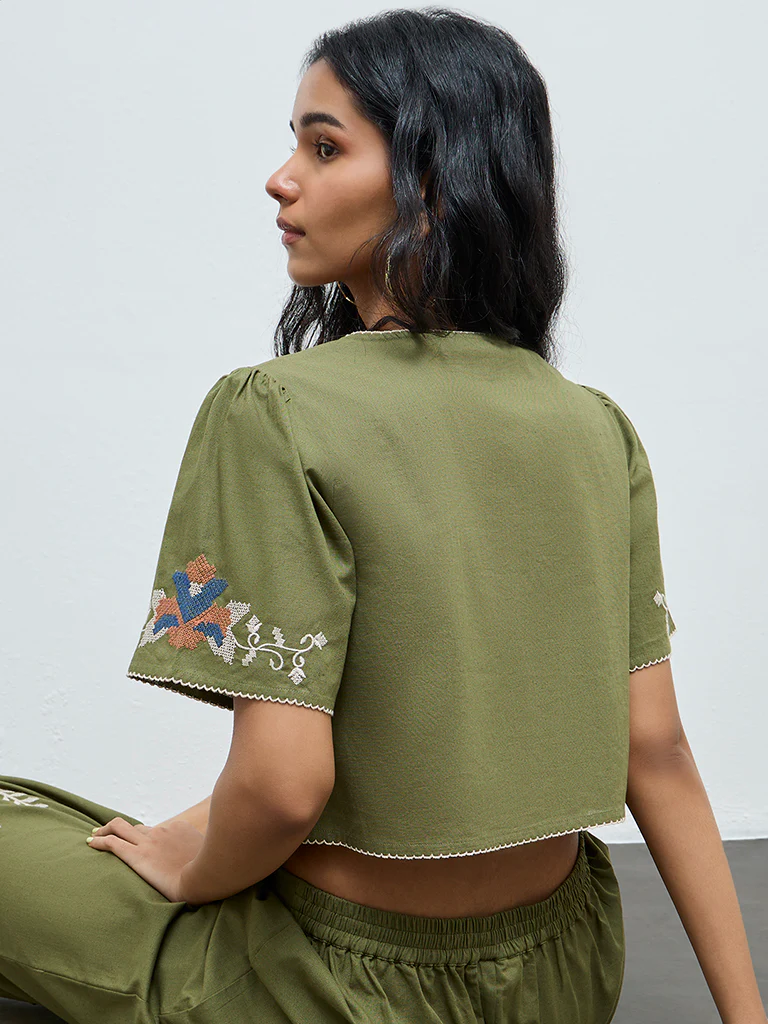 Bombay Paisley Green Floral Embroidered Cotton-Blend Top - Image 4