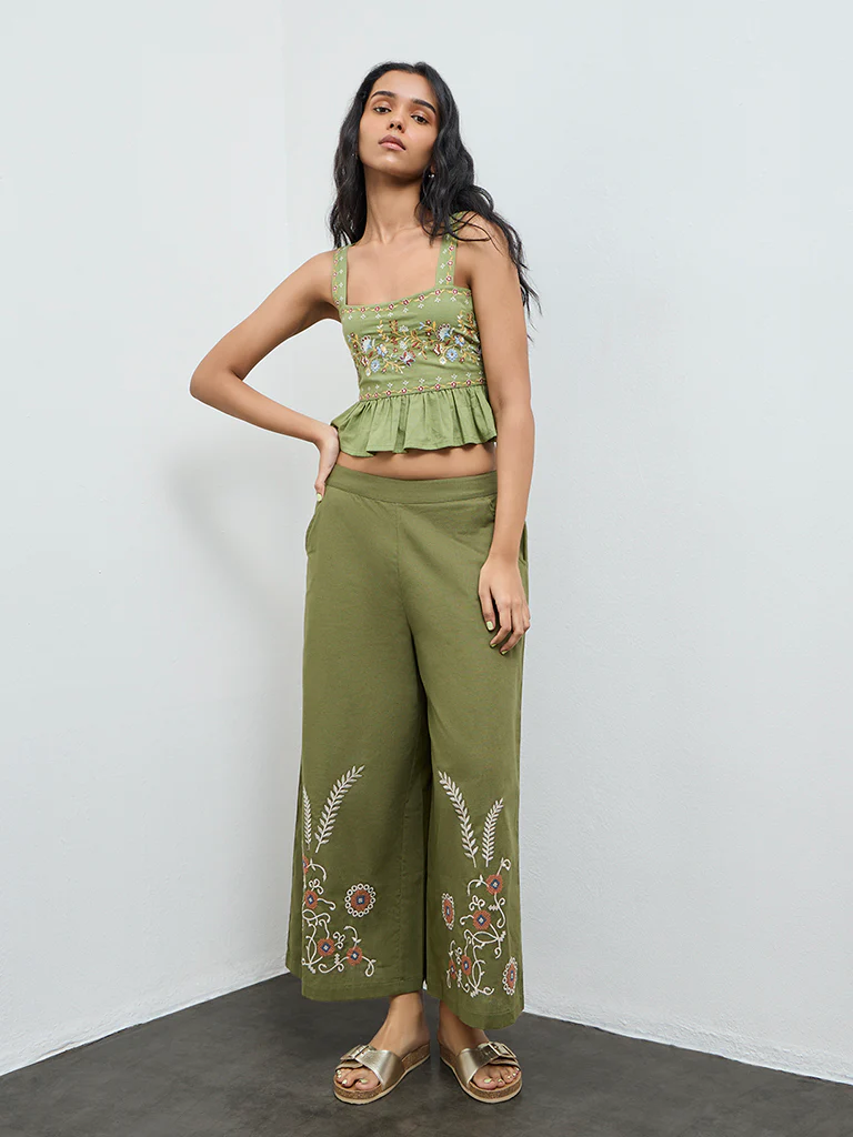 Bombay Paisley Green Floral Embroidered Cotton Top - Image 2