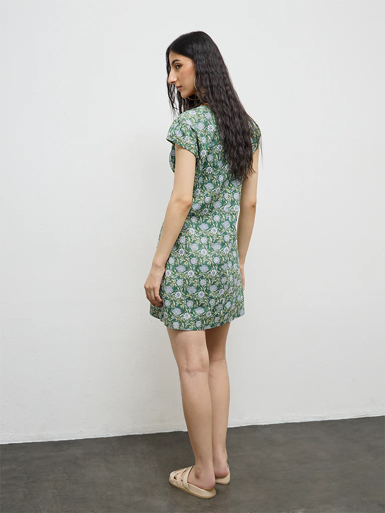 Bombay Paisley Green Floral Pattern Cotton A-Line Dress - Image 4