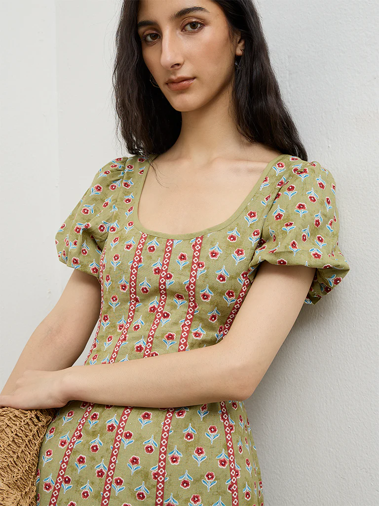 Bombay Paisley Green Printed A-Line Cotton-Blend Dress - Image 3