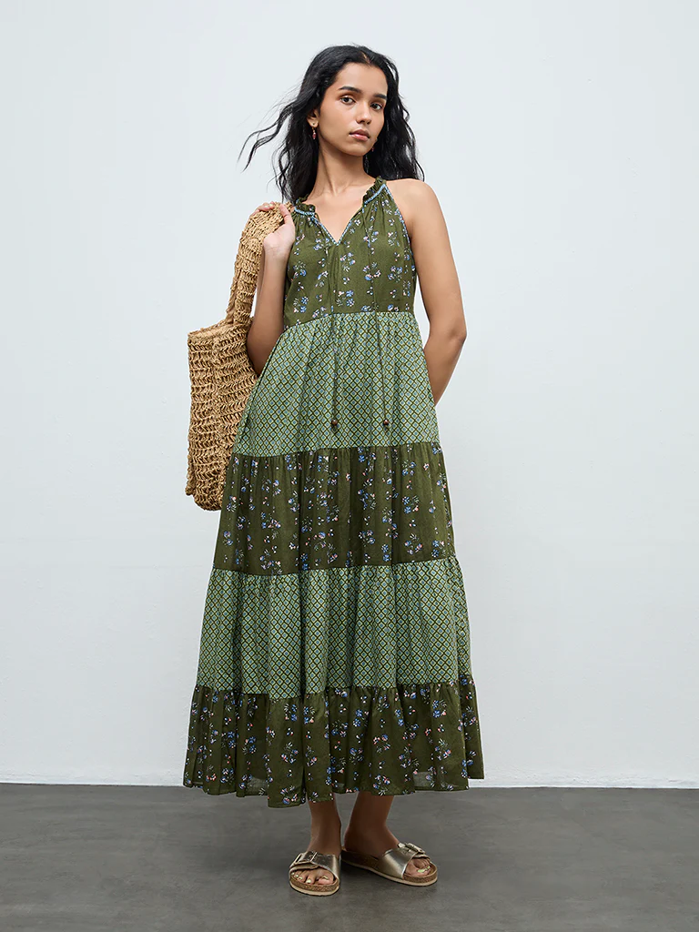 Bombay Paisley Green Printed Cotton Tiered Dress - Image 2