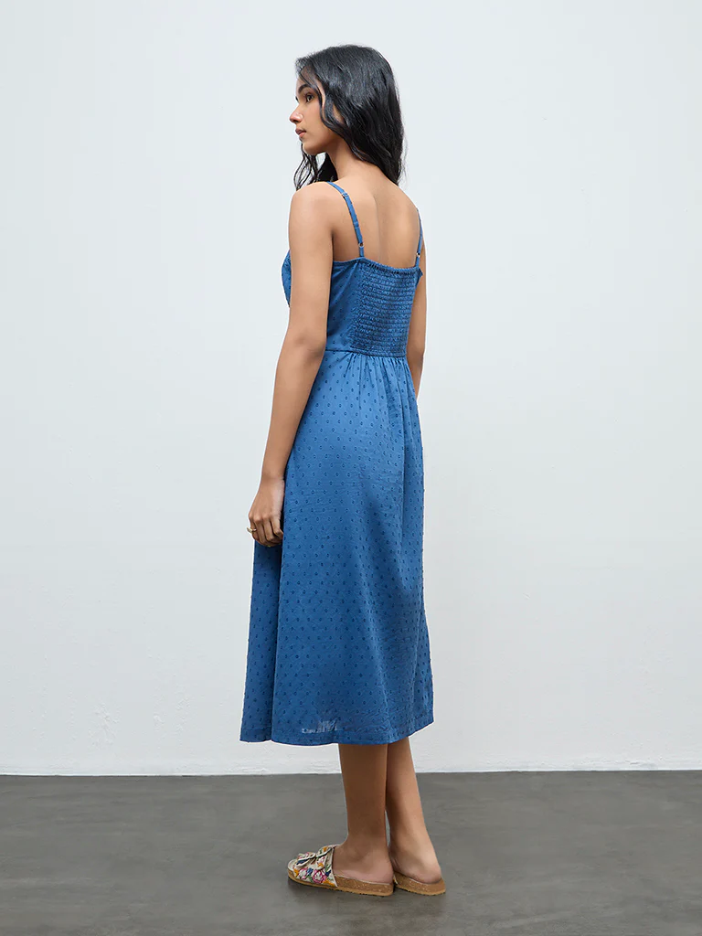 Bombay Paisley Indigo Embroidered Cotton A-Line Dress - Image 4