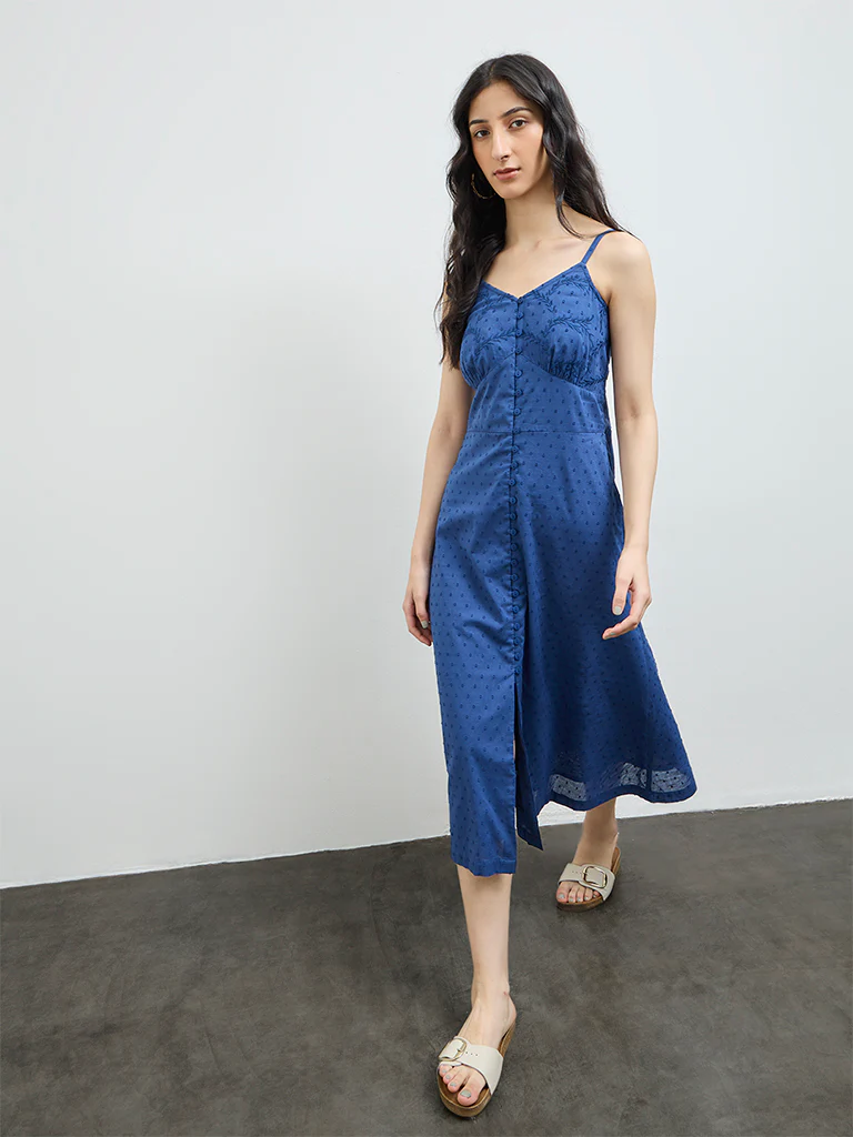Bombay Paisley Indigo Embroidered Cotton A-Line Dress - Image 2