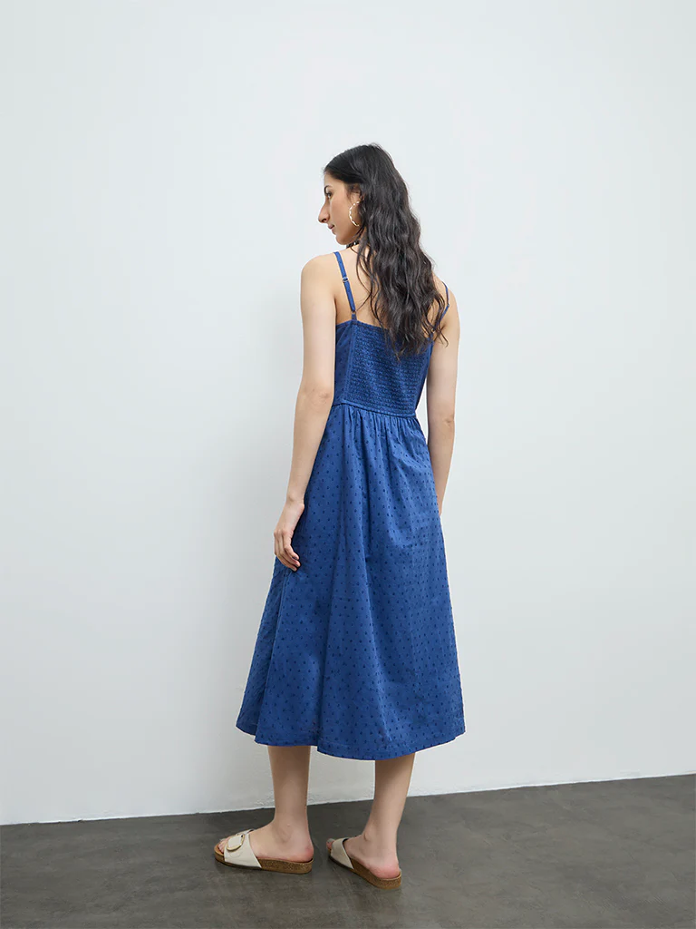 Bombay Paisley Indigo Embroidered Cotton A-Line Dress - Image 4