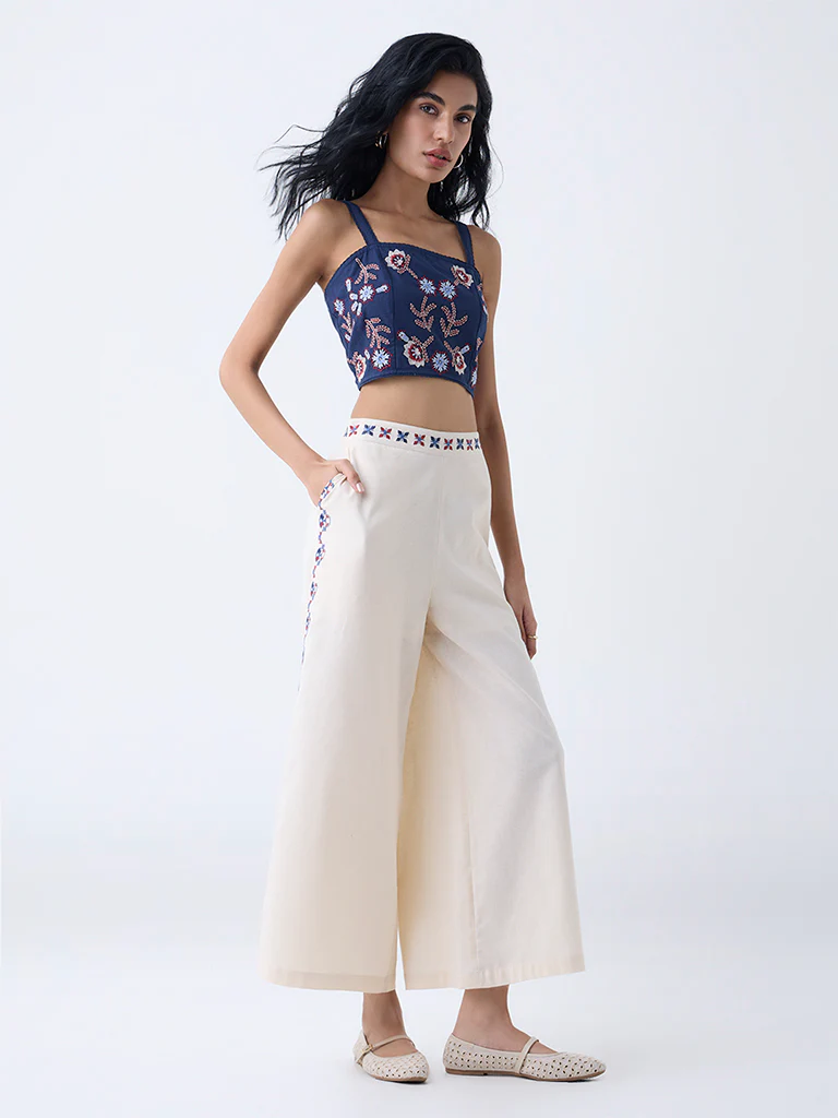 Bombay Paisley Indigo Floral Embroidered Cotton-Blend Top - Image 2