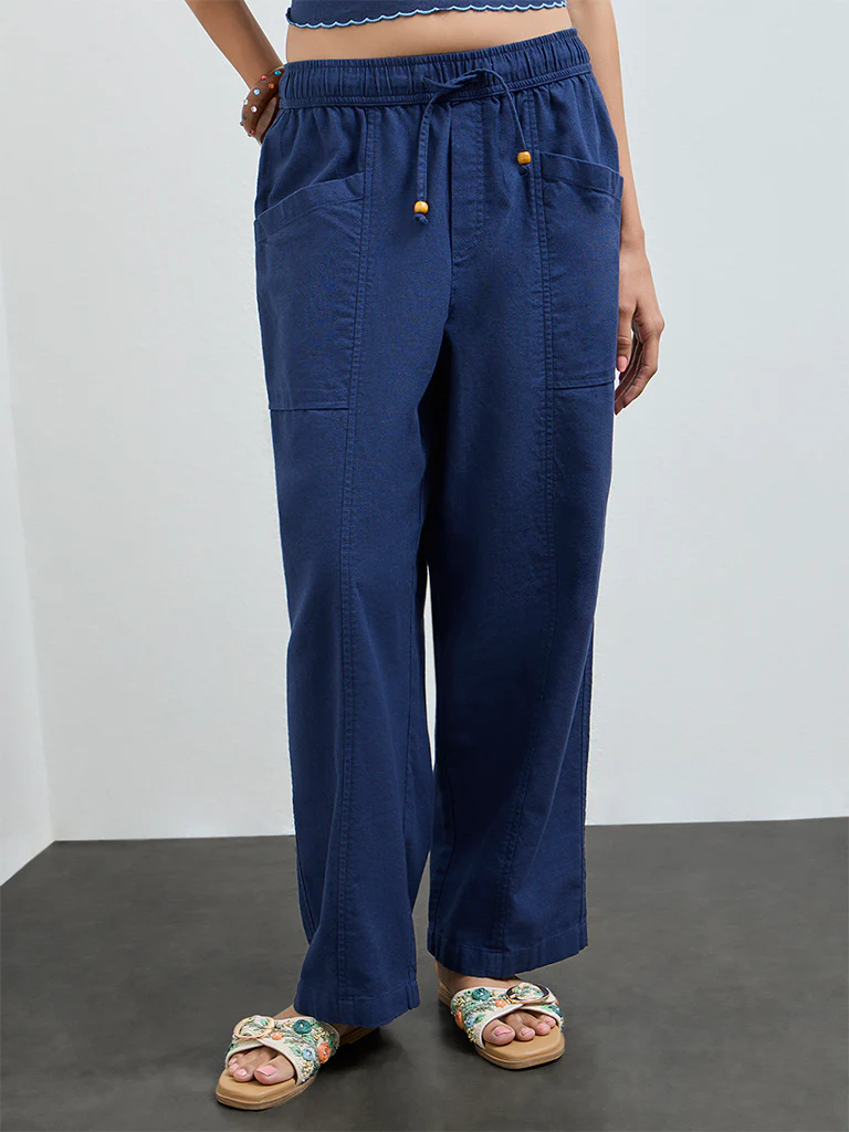 Bombay Paisley Indigo Solid Cotton-Blend Pants - Image 2