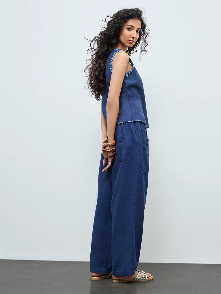 Bombay Paisley Indigo Solid Cotton-Blend Pants - Image 4