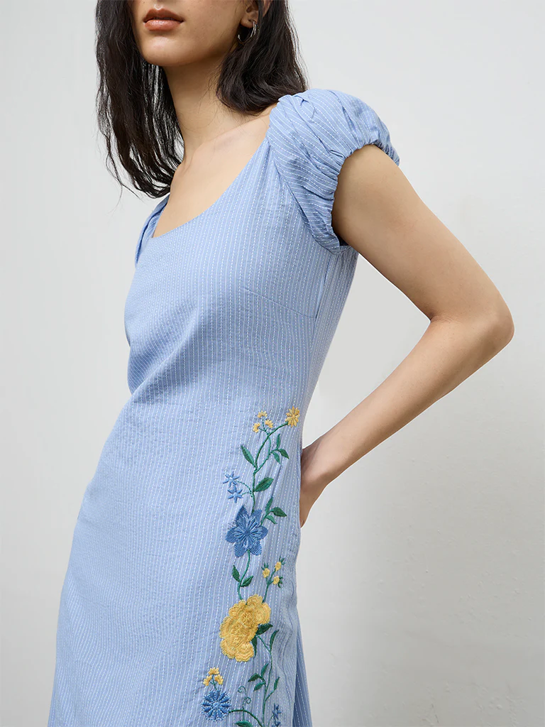 Bombay Paisley Light Blue Embroidered Cotton A-Line Dress - Image 3