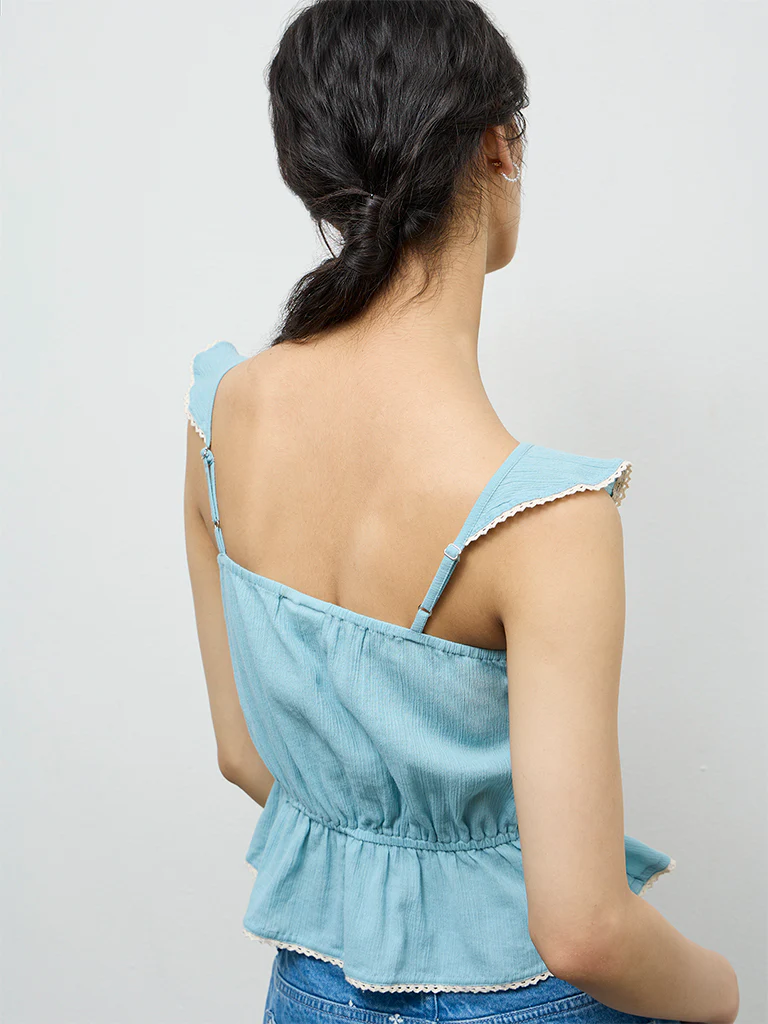 Bombay Paisley Light Blue Embroidered Cotton Top - Image 4