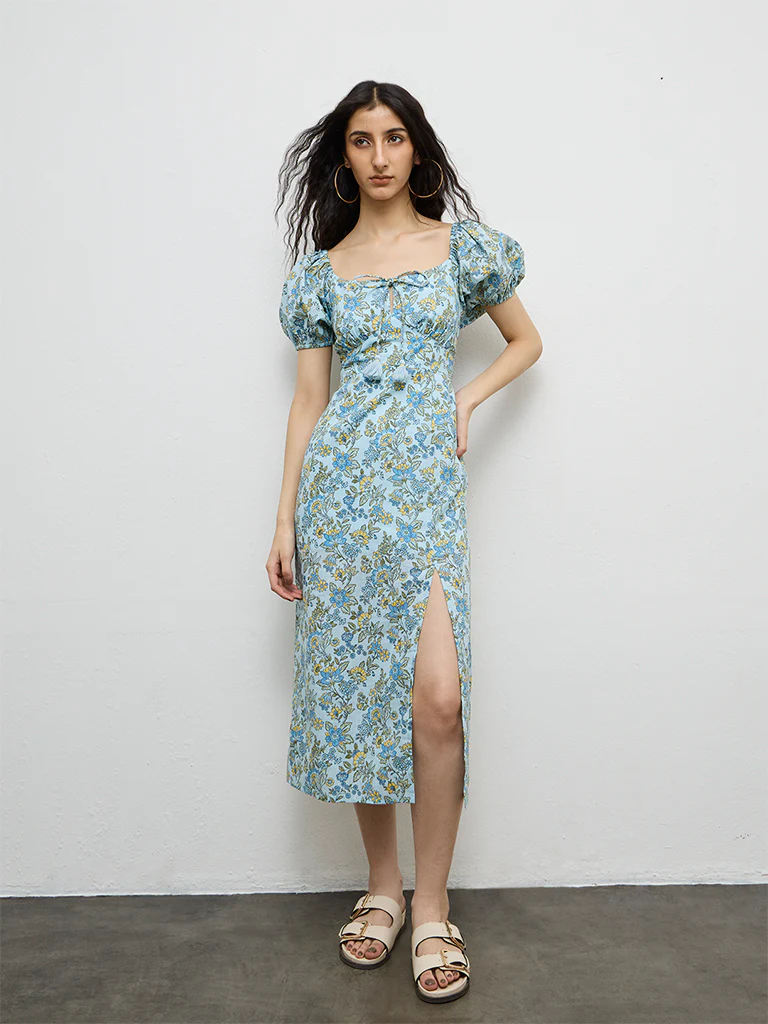 Bombay Paisley Light Blue Floral Pattern Cotton A-Line Dress - Image 2