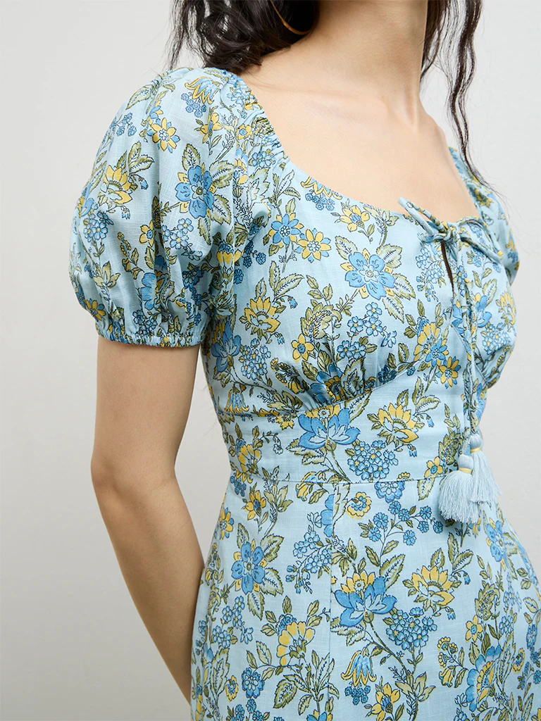 Bombay Paisley Light Blue Floral Pattern Cotton A-Line Dress - Image 3