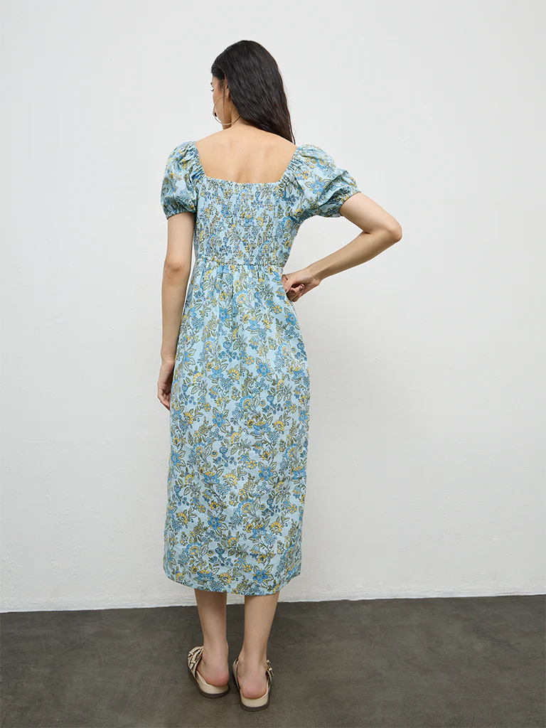 Bombay Paisley Light Blue Floral Pattern Cotton A-Line Dress - Image 4