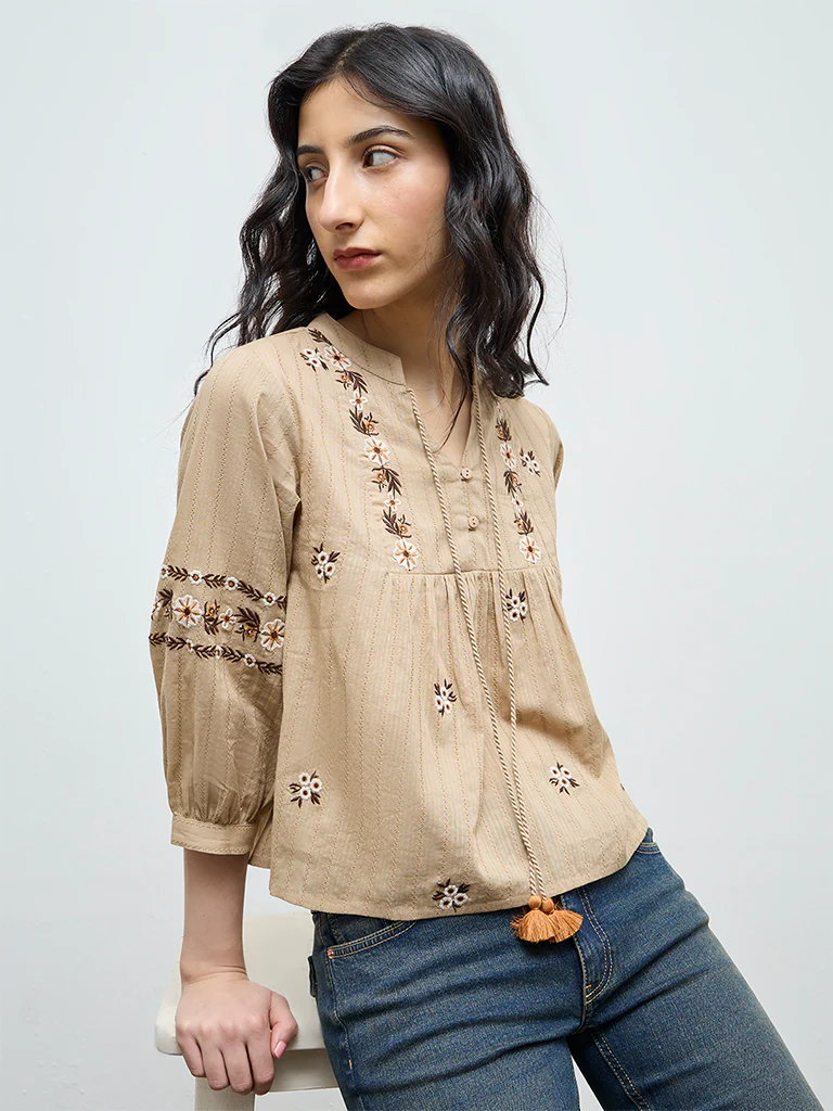 Bombay Paisley Light Brown Floral Embroidered Cotton Top - Image 2