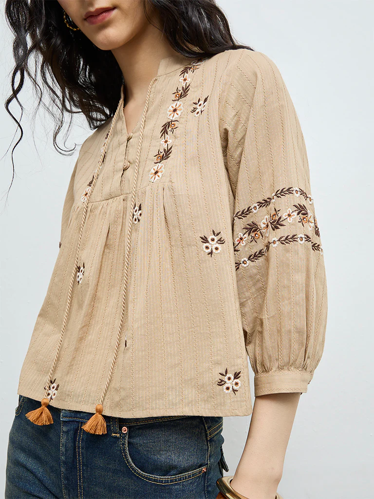 Bombay Paisley Light Brown Floral Embroidered Cotton Top - Image 3