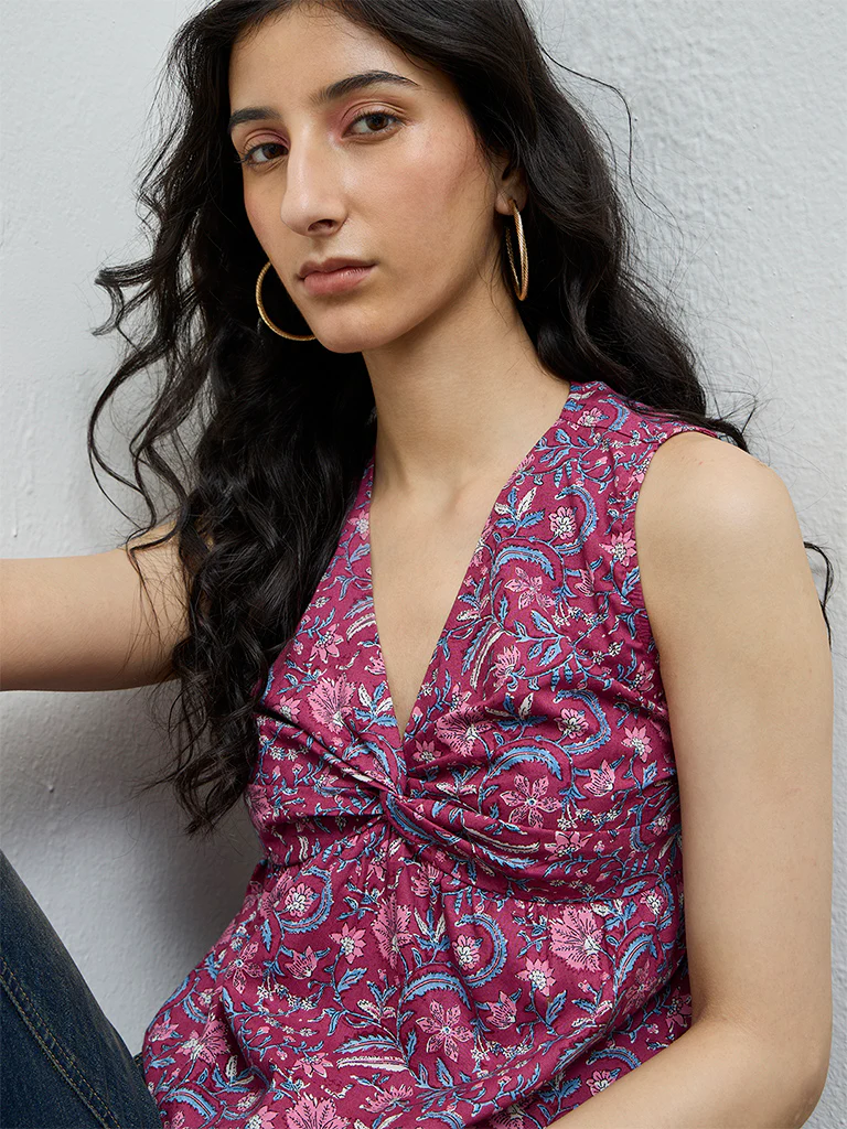 Bombay Paisley Magenta Floral Detailed Cotton Top - Image 3
