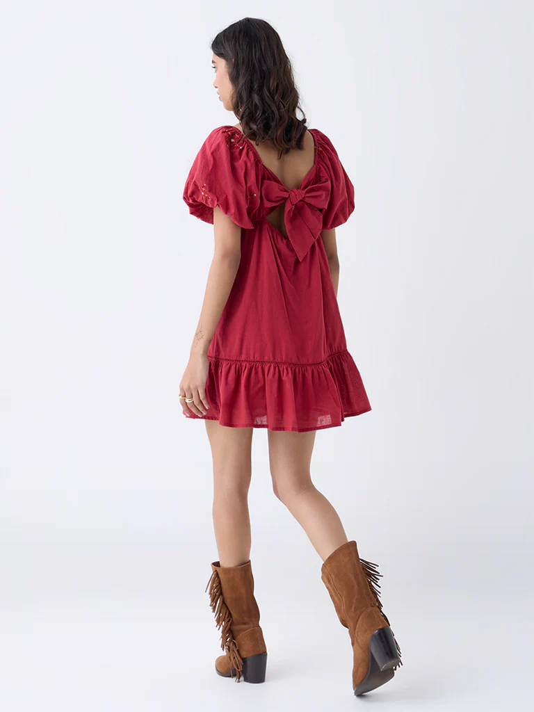Bombay Paisley Maroon Embroidered Cotton A-Line Dress - Image 4