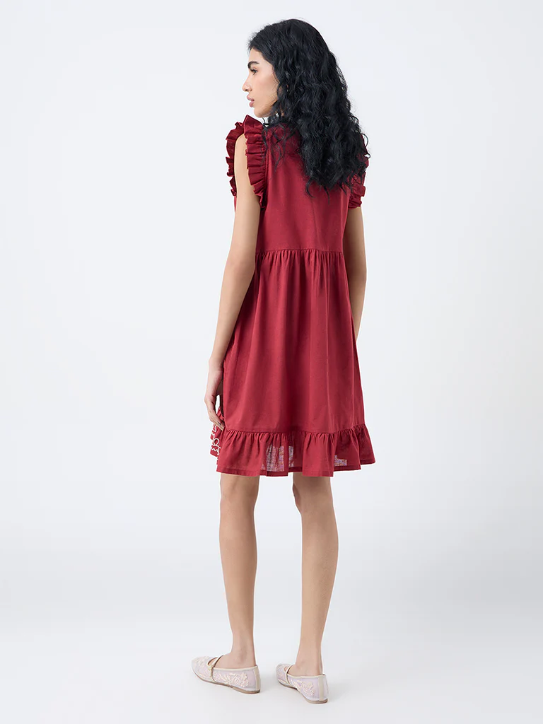 Bombay Paisley Maroon Embroidered Cotton-Blend A-Line Dress - Image 4