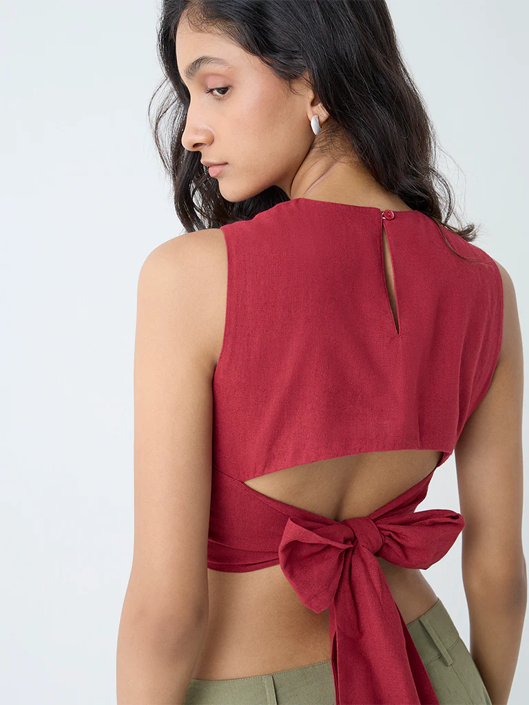 Bombay Paisley Maroon Embroidered Cotton-Blend Crop Top - Image 3