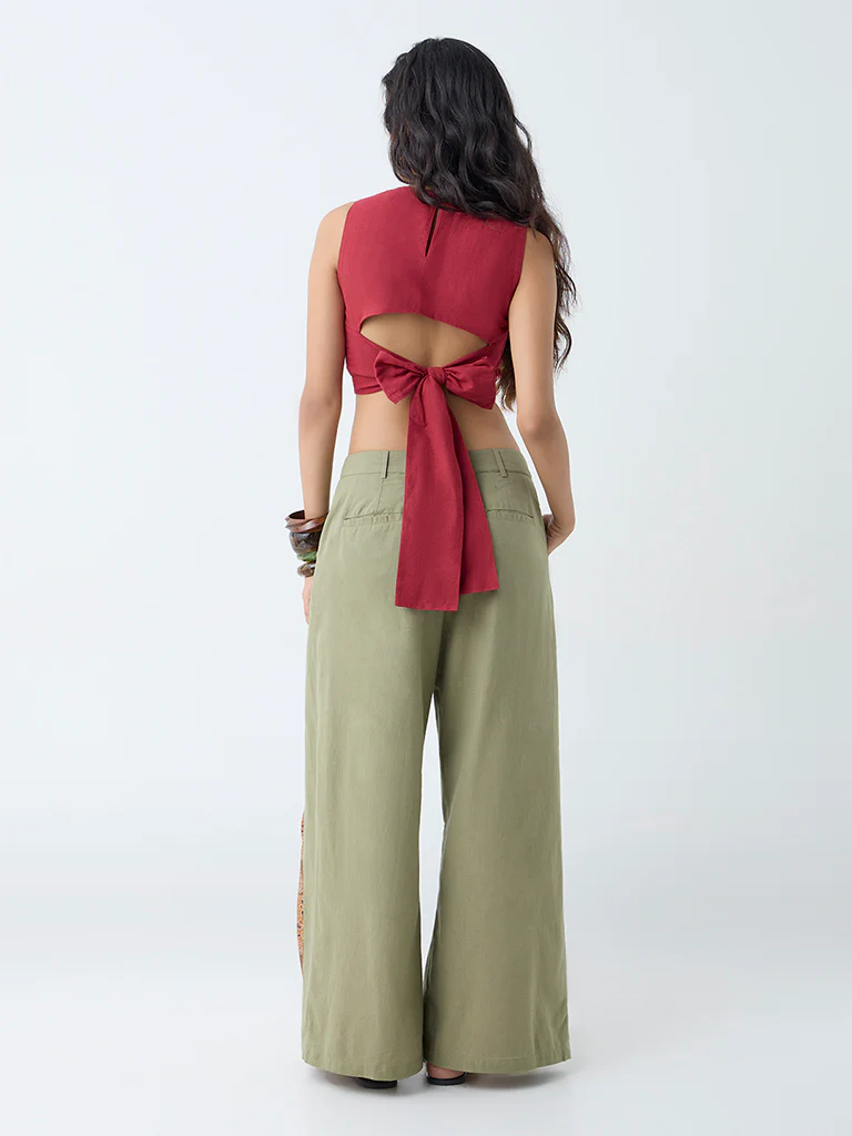Bombay Paisley Maroon Embroidered Cotton-Blend Crop Top - Image 4