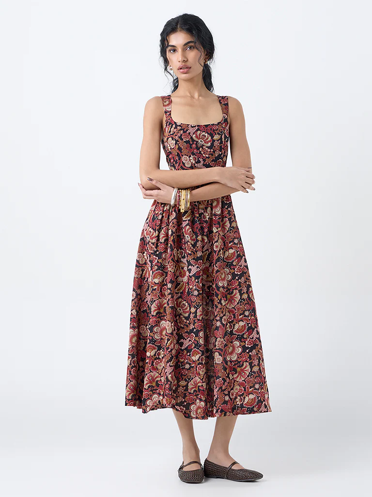 Bombay Paisley Maroon Floral Cotton A-Line Dress - Image 2