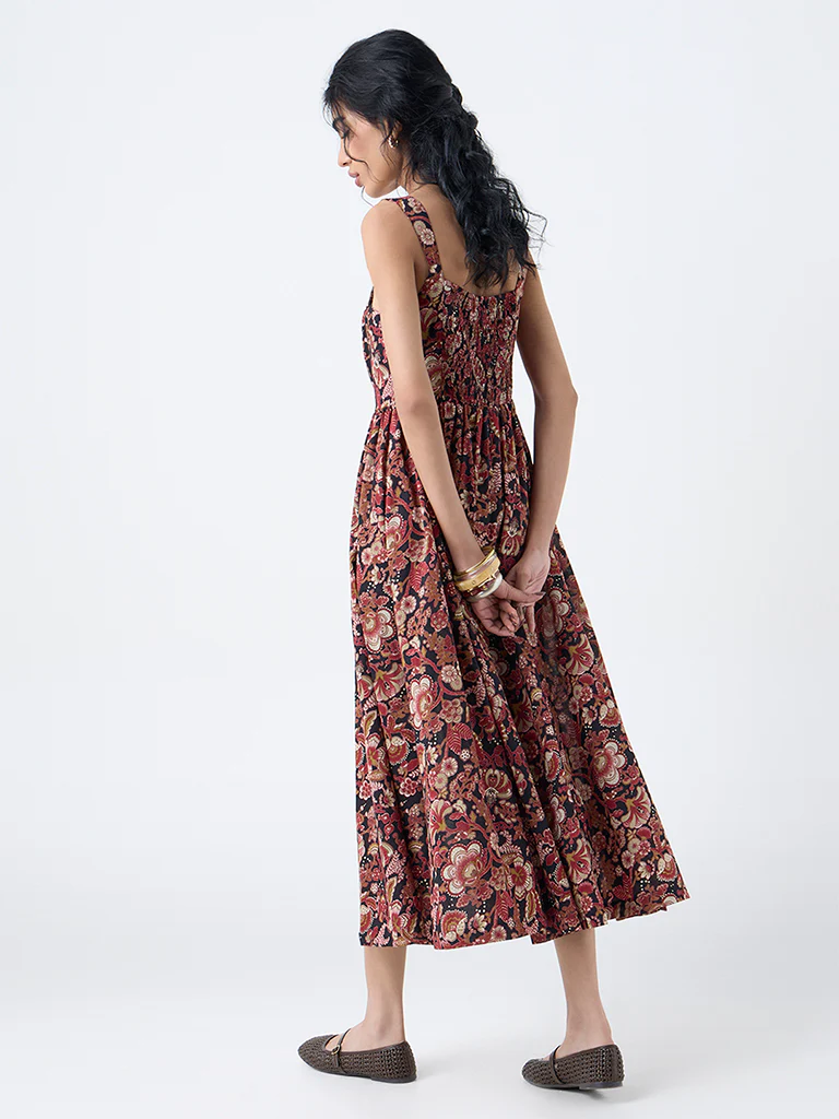 Bombay Paisley Maroon Floral Cotton A-Line Dress - Image 4