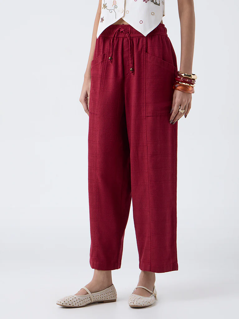 Bombay Paisley Maroon Solid Cotton-Blend Pants - Image 2