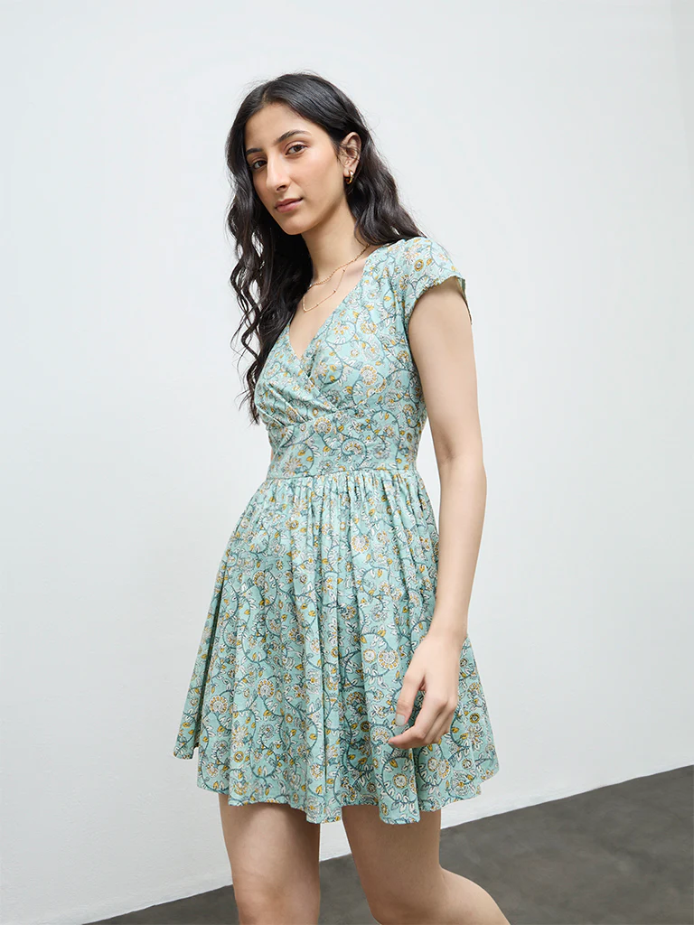 Bombay Paisley Mint Floral Cotton A-Line Dress - Image 2