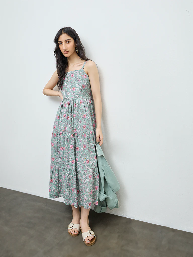 Bombay Paisley Mint Floral Cotton Tiered Dress with Jacket - Image 2