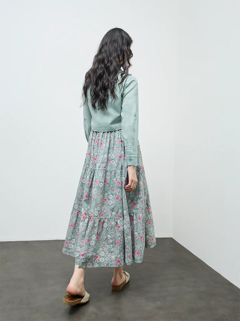 Bombay Paisley Mint Floral Cotton Tiered Dress with Jacket - Image 4