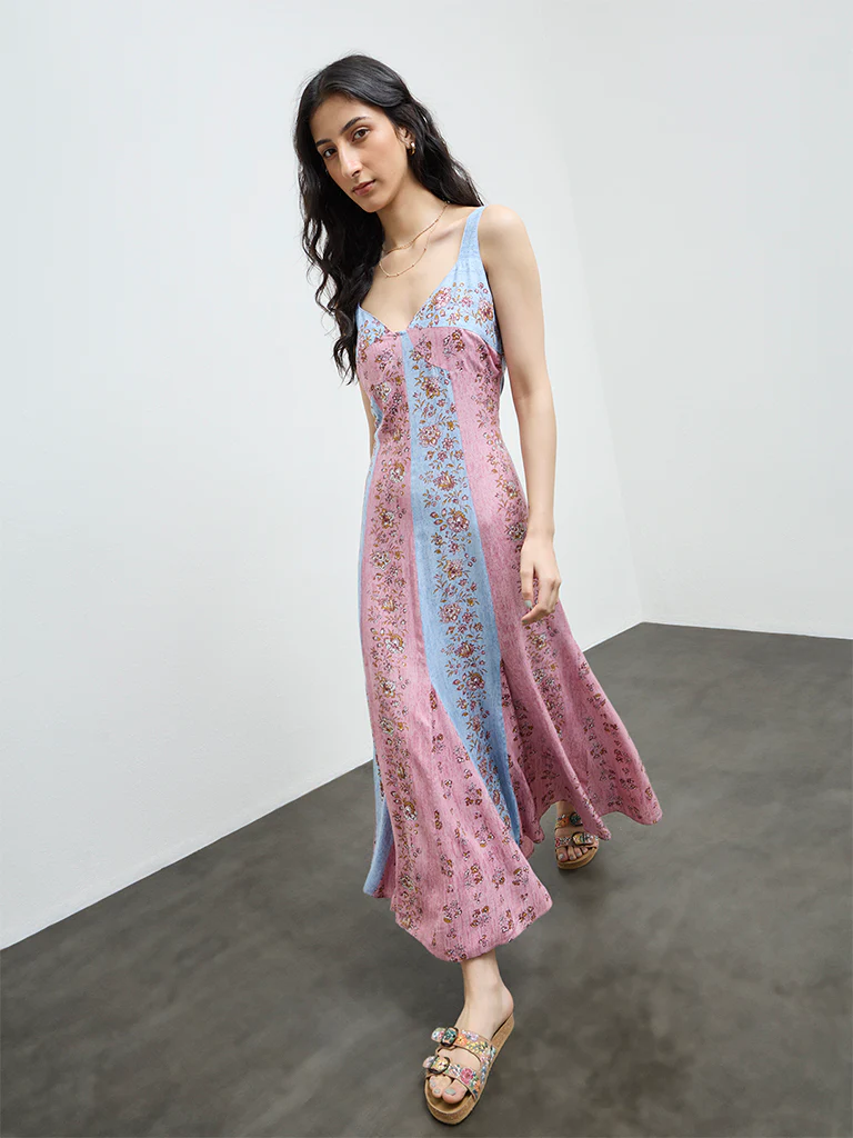 Bombay Paisley Multicolour Botanical Design Cotton A-Line Dress - Image 2