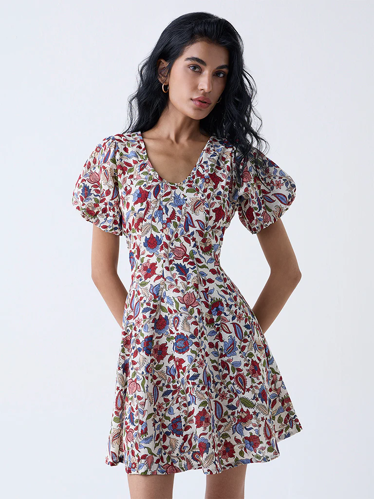Bombay Paisley Multicolour Floral Cotton A-Line Dress - Image 2