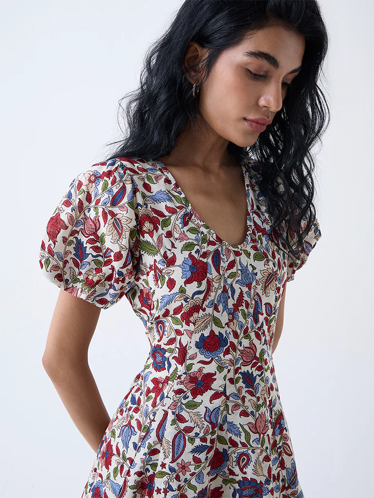 Bombay Paisley Multicolour Floral Cotton A-Line Dress - Image 3