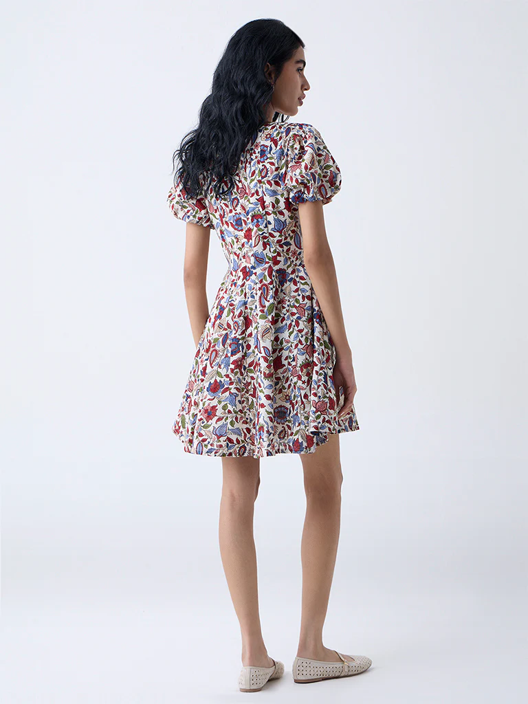 Bombay Paisley Multicolour Floral Cotton A-Line Dress - Image 4
