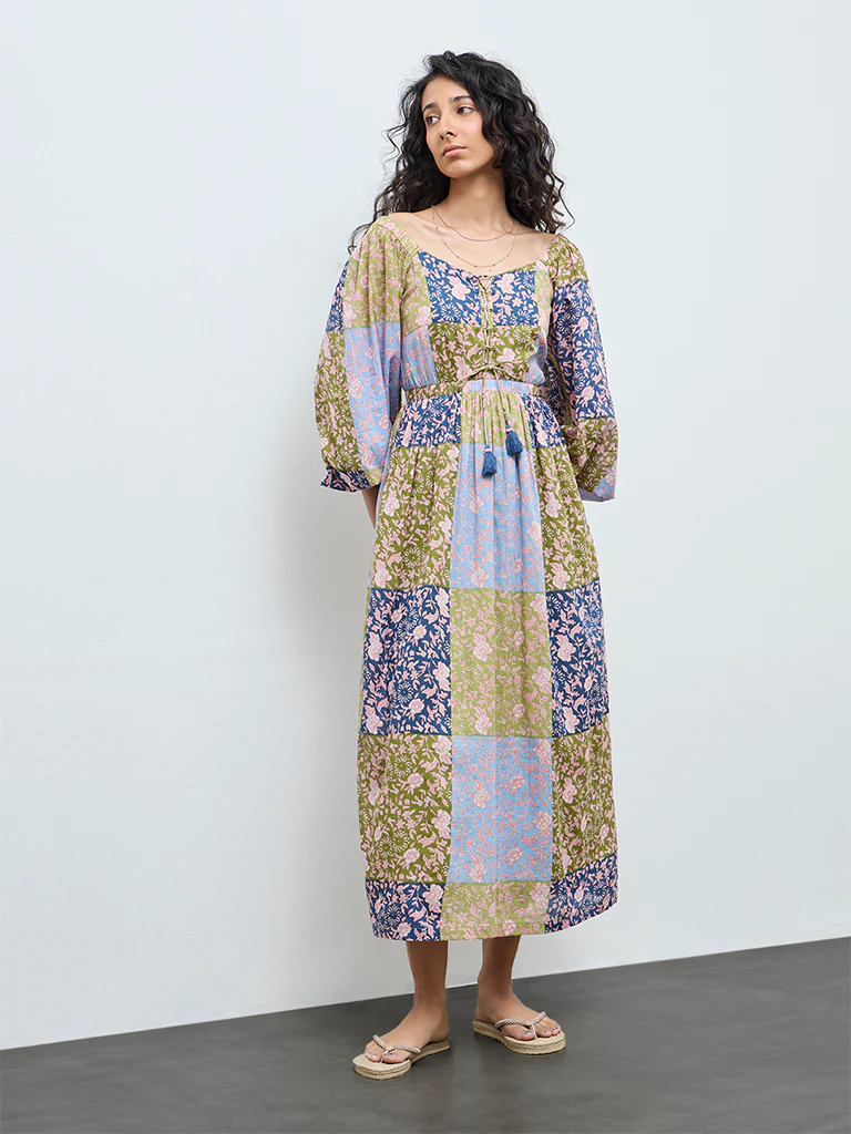 Bombay Paisley Multicolour Floral Pattern Cotton A-Line Dress - Image 2