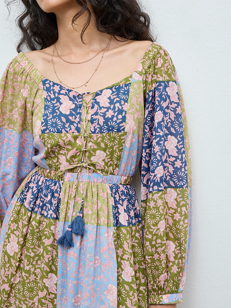 Bombay Paisley Multicolour Floral Pattern Cotton A-Line Dress - Image 3
