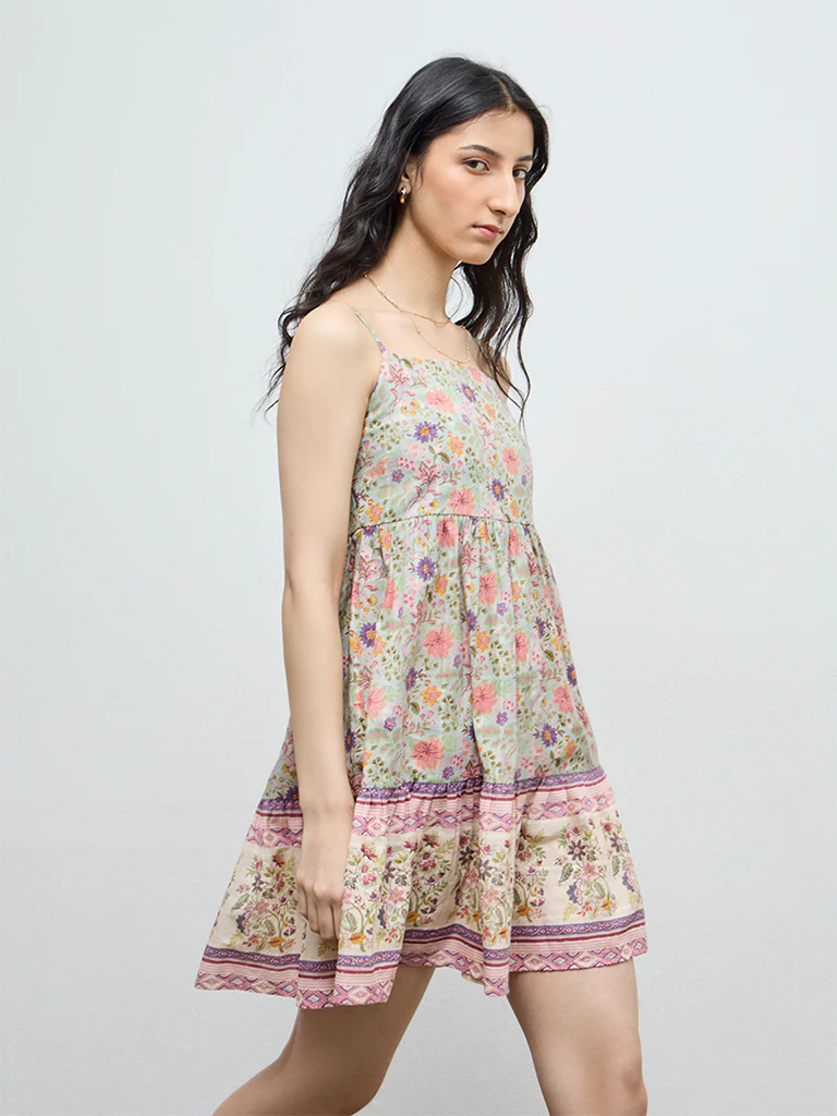 Bombay Paisley Multicolour Foliage Pattern Cotton A-Line Dress - Image 2
