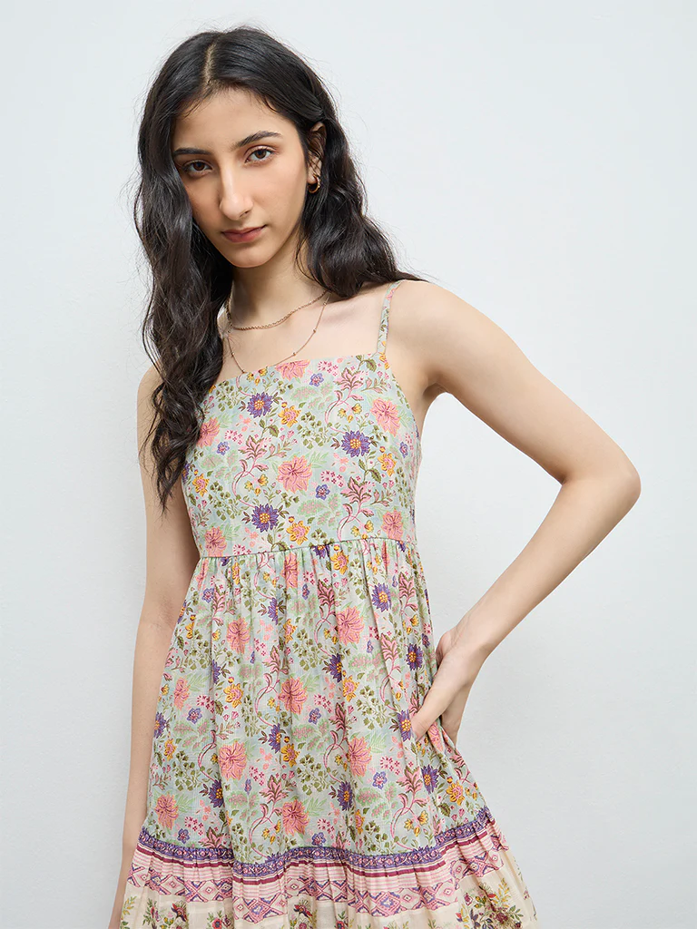Bombay Paisley Multicolour Foliage Pattern Cotton A-Line Dress - Image 3