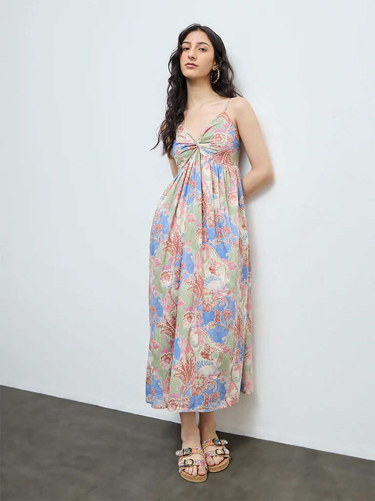Bombay Paisley Multicolour Foliage Printed Cotton A-Line Dress - Image 2