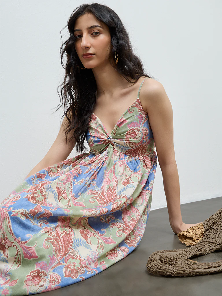 Bombay Paisley Multicolour Foliage Printed Cotton A-Line Dress - Image 3