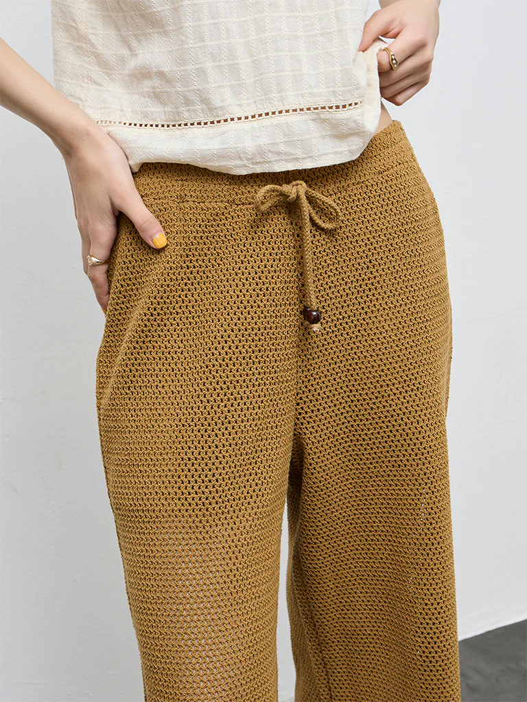 Bombay Paisley Mustard Crochet Cotton High-Rise Pants - Image 4