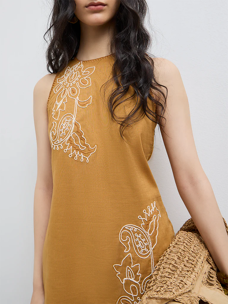 Bombay Paisley Mustard Embroidered Cotton Shift Dress - Image 3
