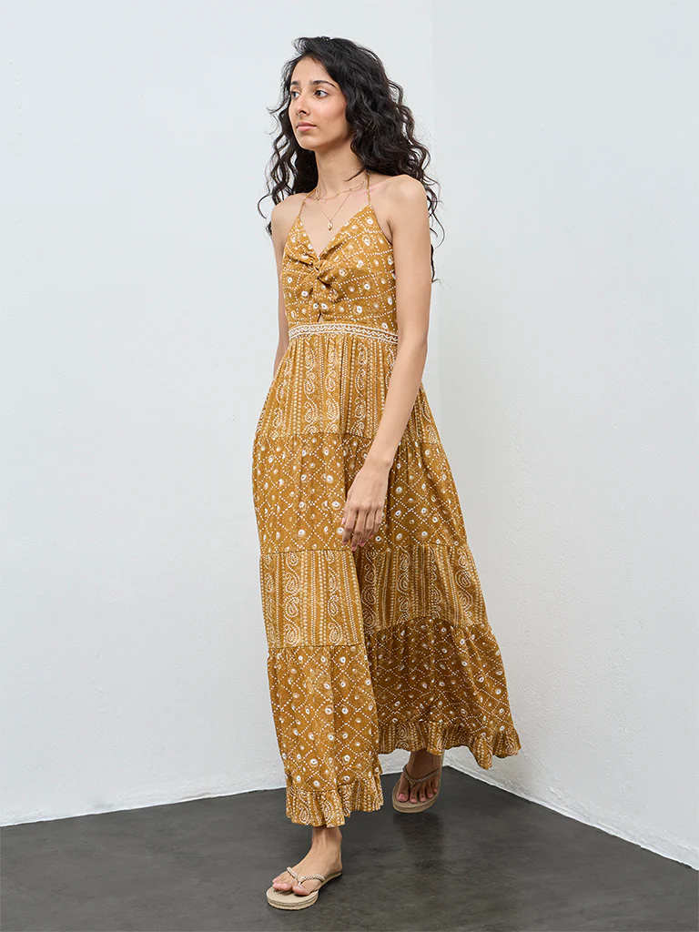 Bombay Paisley Mustard Printed Cotton-Blend Tiered Dress - Image 2