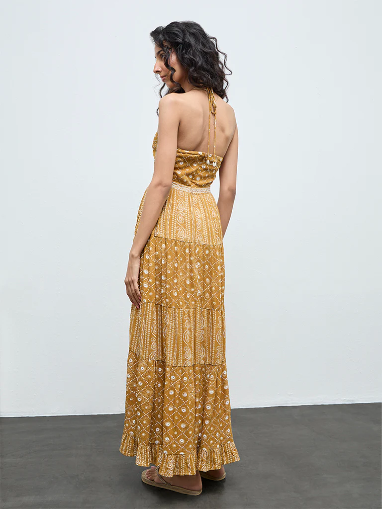 Bombay Paisley Mustard Printed Cotton-Blend Tiered Dress - Image 4