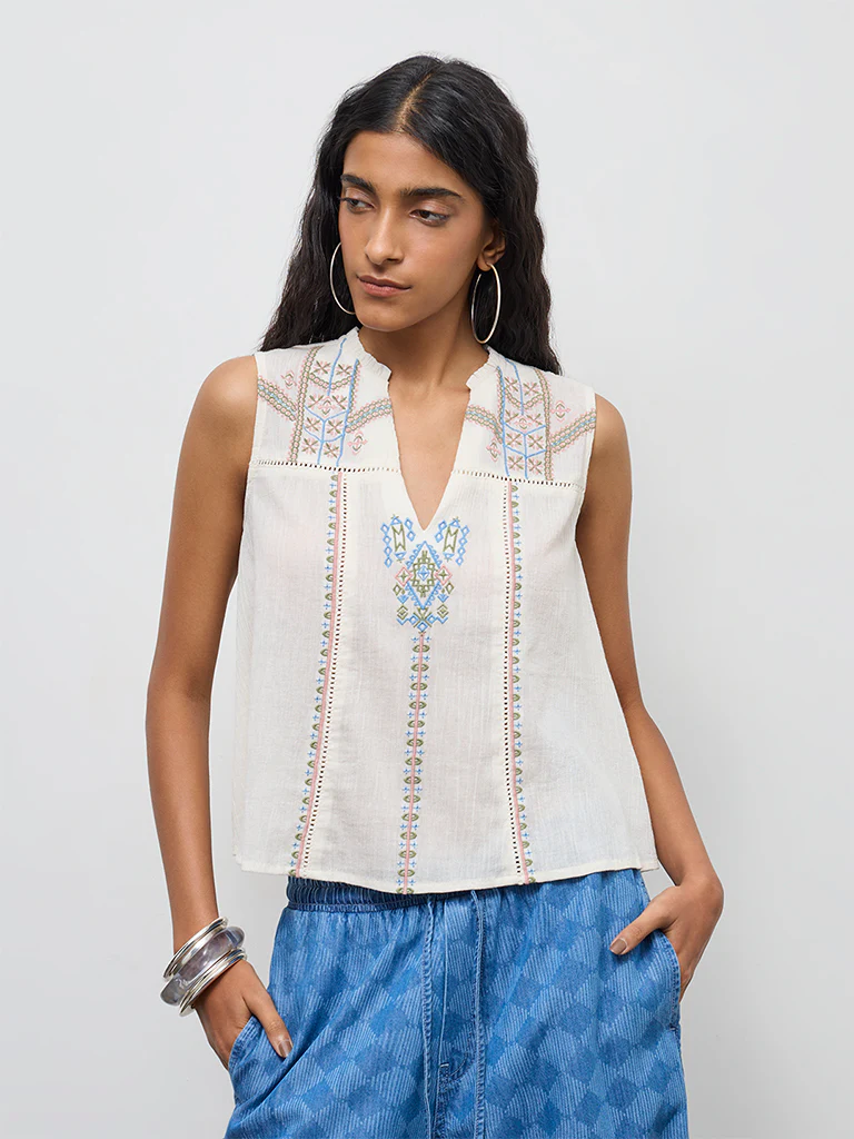 Bombay Paisley Off-White Aztec Embroidered Cotton Top - Image 2