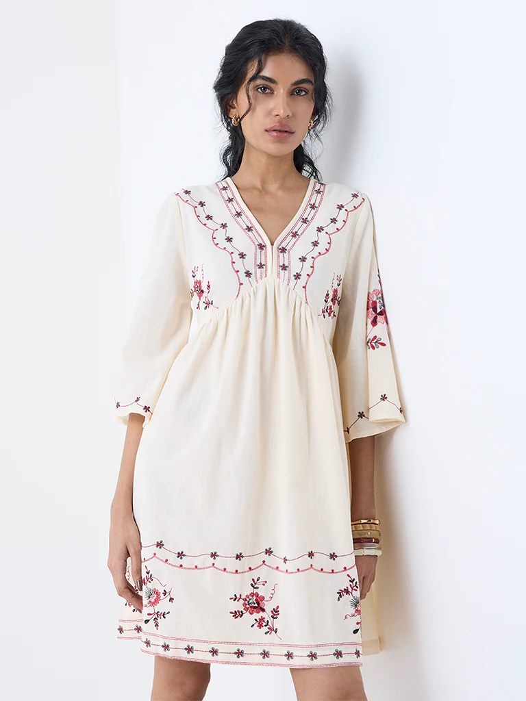 Bombay Paisley Off-White Cotton-Blend A-Line Dress - Image 2
