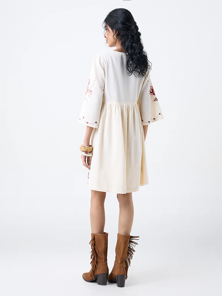 Bombay Paisley Off-White Cotton-Blend A-Line Dress - Image 4