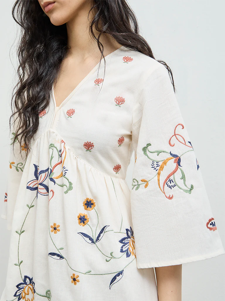 Bombay Paisley Off-White Cotton-Blend A-Line Dress - Image 3