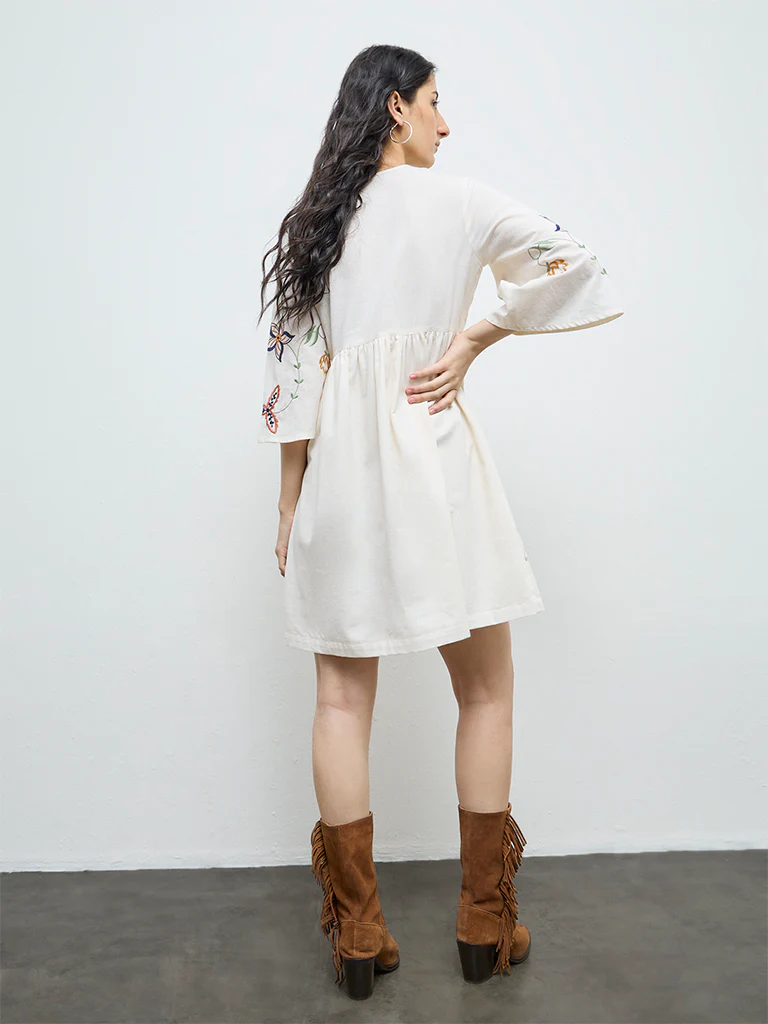 Bombay Paisley Off-White Cotton-Blend A-Line Dress - Image 4